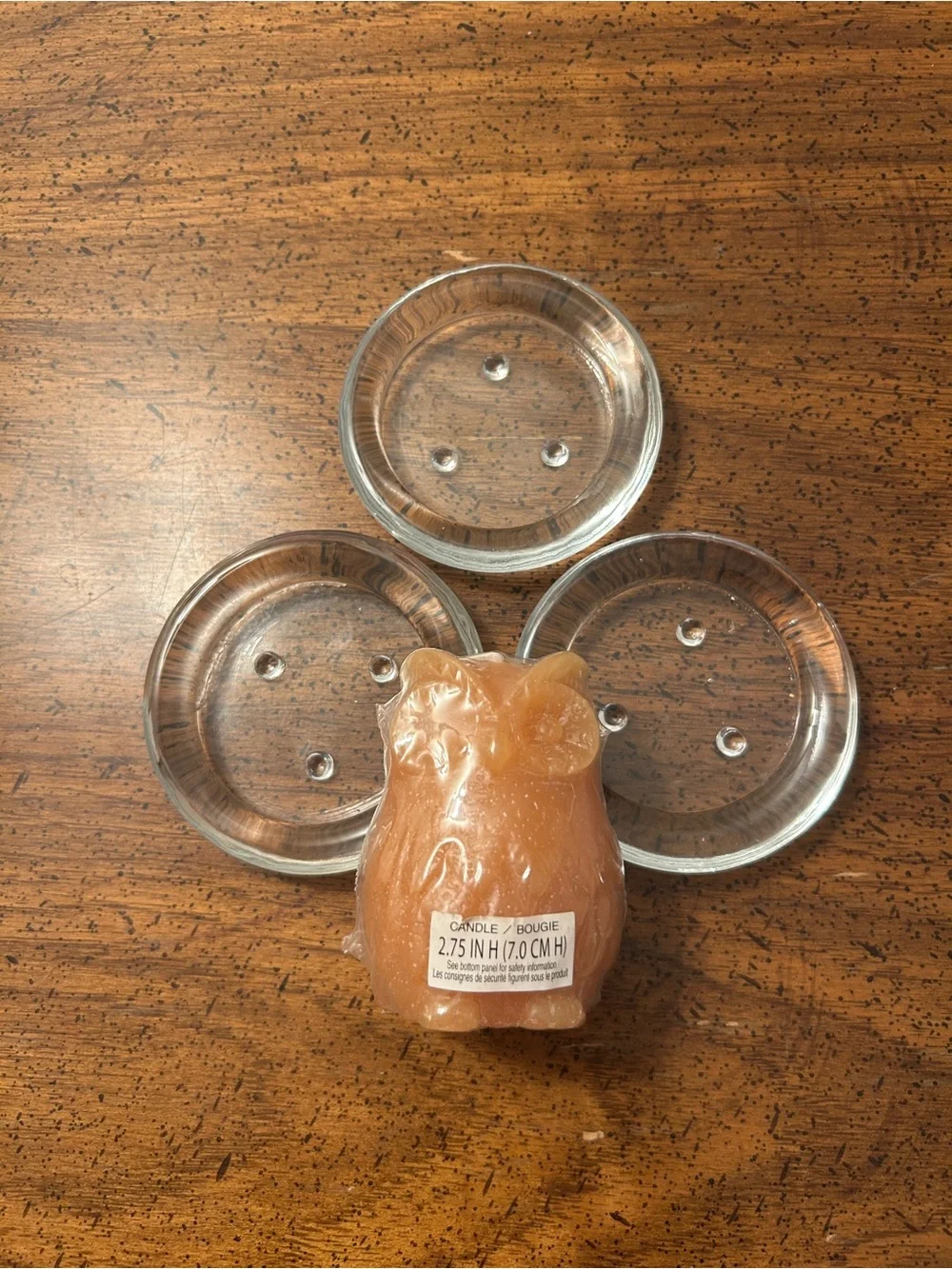 Pier One Set of 3 Clear Glass Tea Light Holders with Owl Shaped Candle